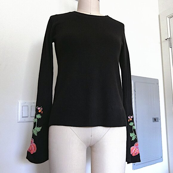 Floral‑Embroidered Flare‑Cuff Knit Sweater - Picture 1 of 5